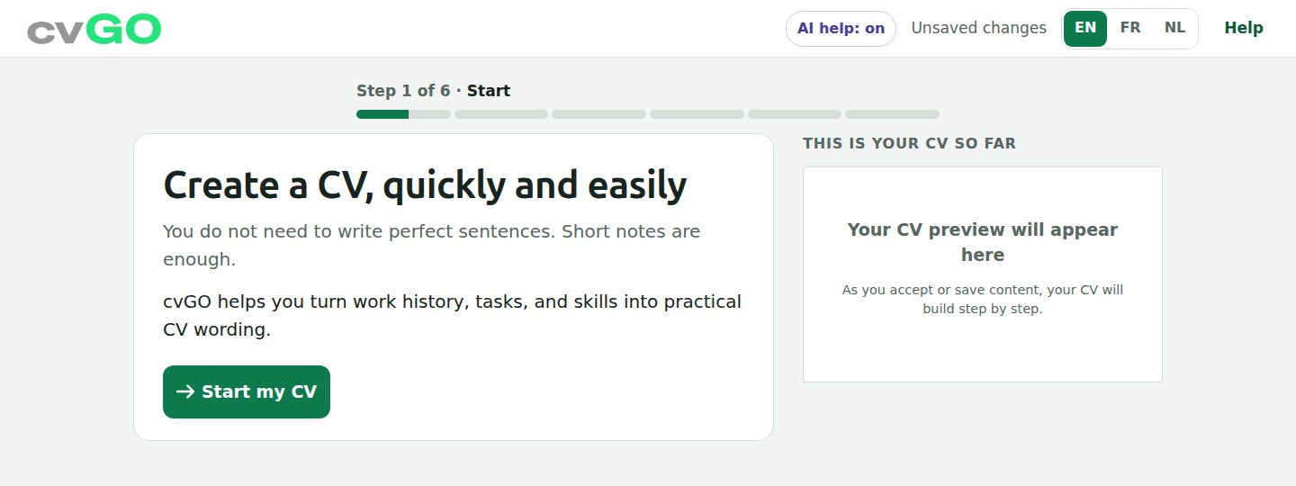 cvGO step-by-step CV wizard with live CV preview
