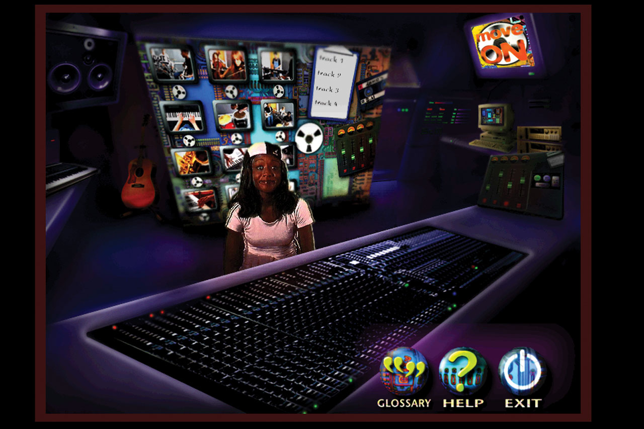 Virtual recording studio with presenter Dee at the mixing desk