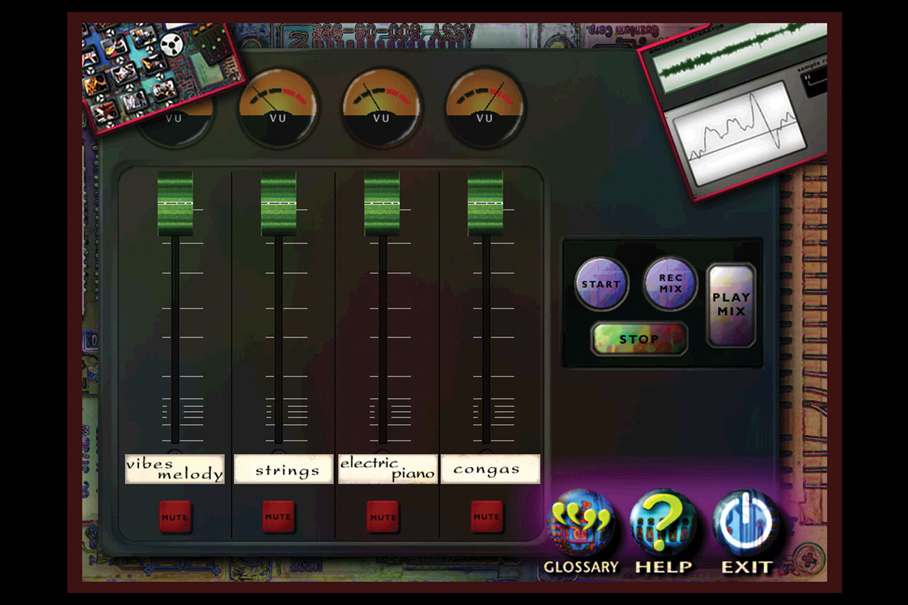 Four-channel mixer with sliders for vibes, strings, electric piano and congas